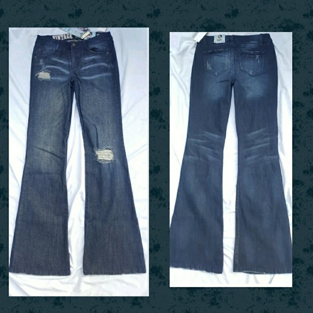 Rewash Vtg Reunion Destructed Flare Jeans Sz 27/3 Juniors Nwt